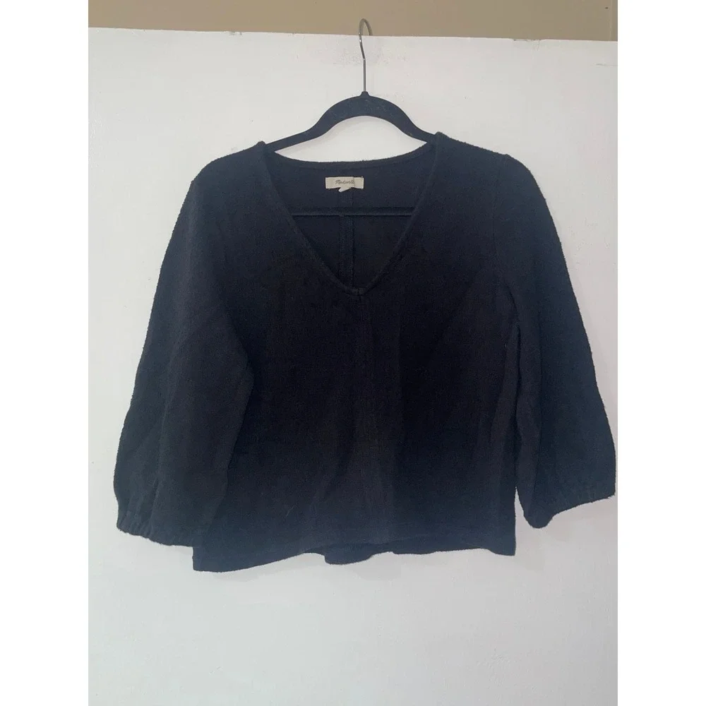 Madewell Black Textured Cotton V-Neck Puff Sleeve Top Womens‎ Medium G2042